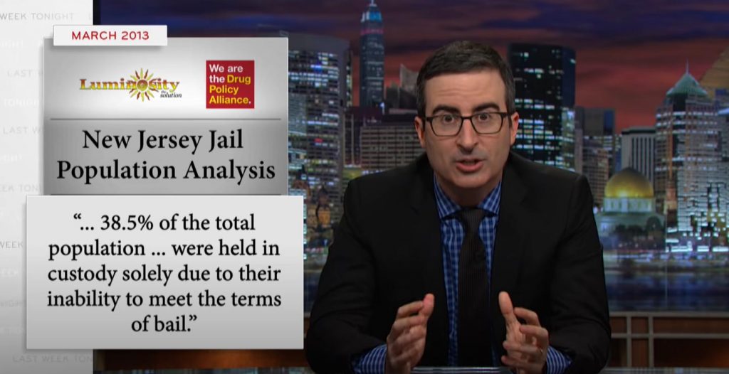 Screenshot of HBO Series Last Week Tonight with John Oliver speaking on New Jersey Jail Population (statistics provided by Luminosity - Justice Data Analytics)